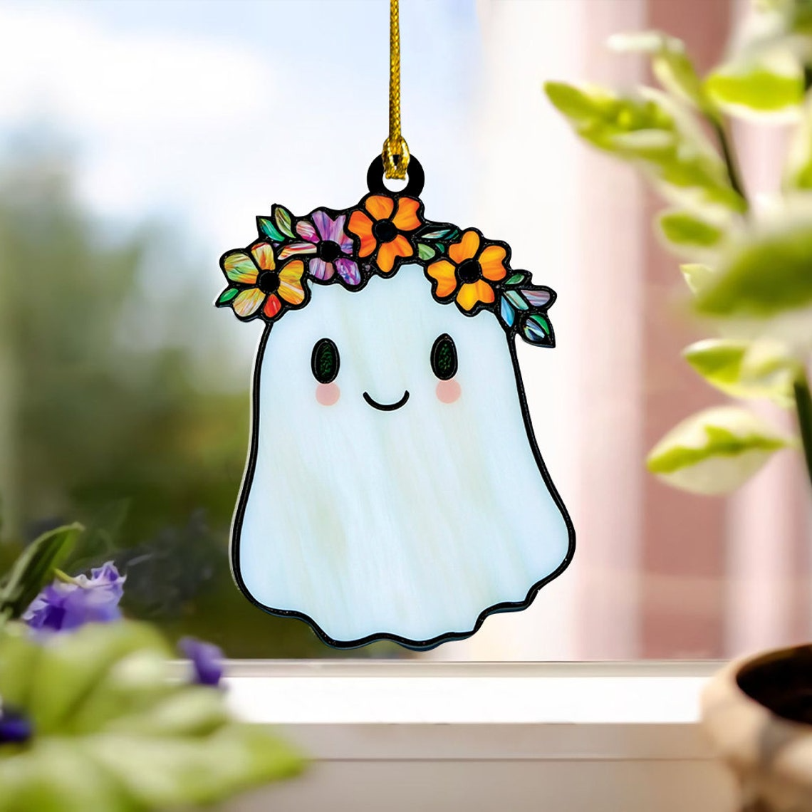 Cute Ghost Girly With Crown Halloween Suncatcher, Cute Ghost Hanging Decor Gift