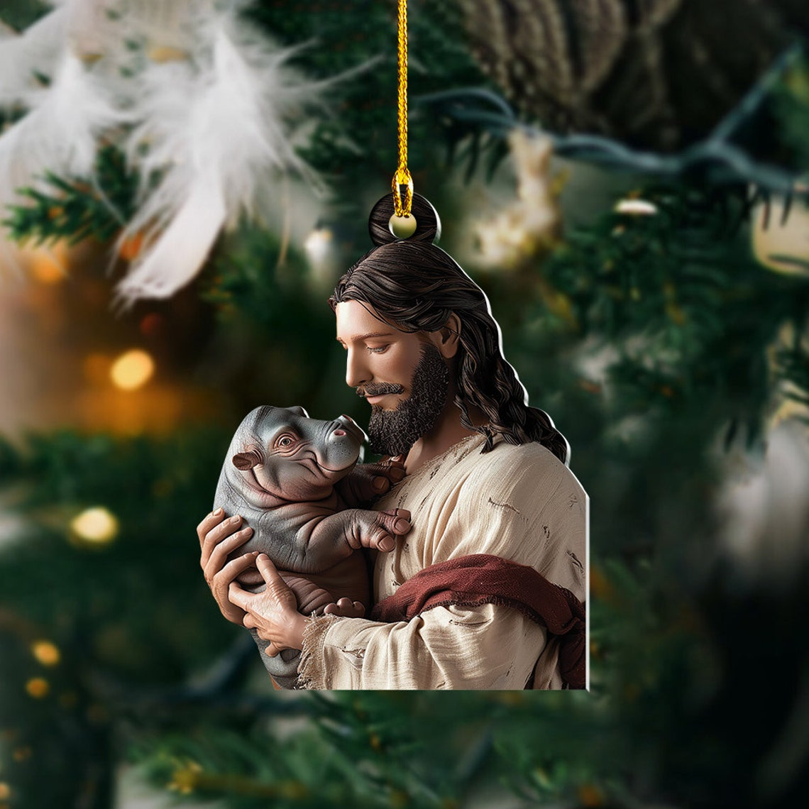 Classic Jesus Loves Hippo Christmas Ornament, Cute Hippo Christmas Ornament Decor Gift