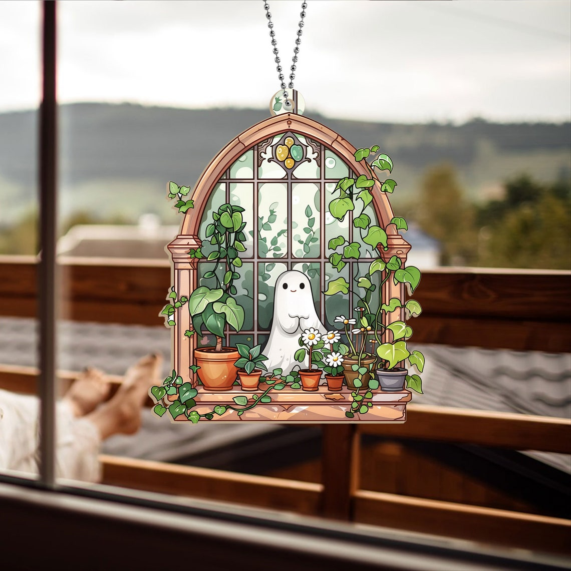 Ghost at Greenhouse Scene Suncatcher, Cute Ghost Window Hanging Decor