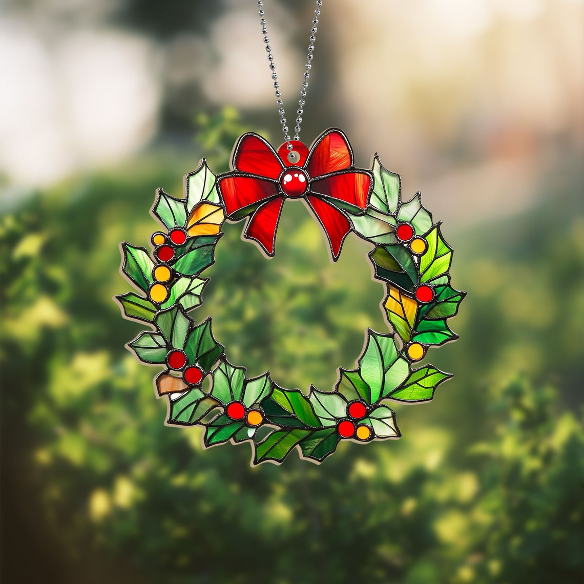 Christmas Wreath Suncatcher Ornament, Christmas Wreath Window Suncatcher Decor Gift