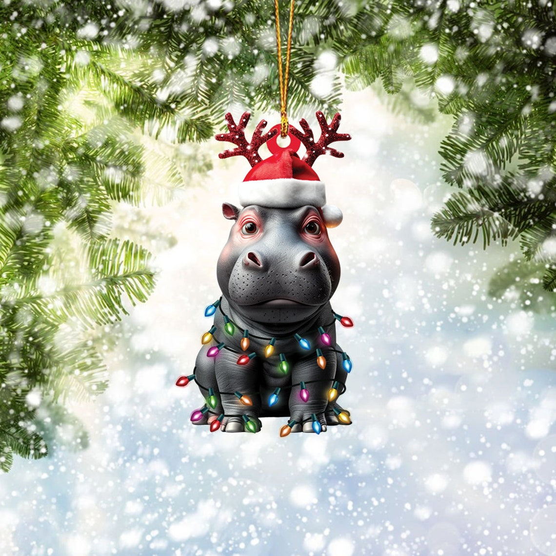 Cute Hippo Hanging Christmas Ornament, Hippo Flat Car Christmas Ornament Holiday Gift