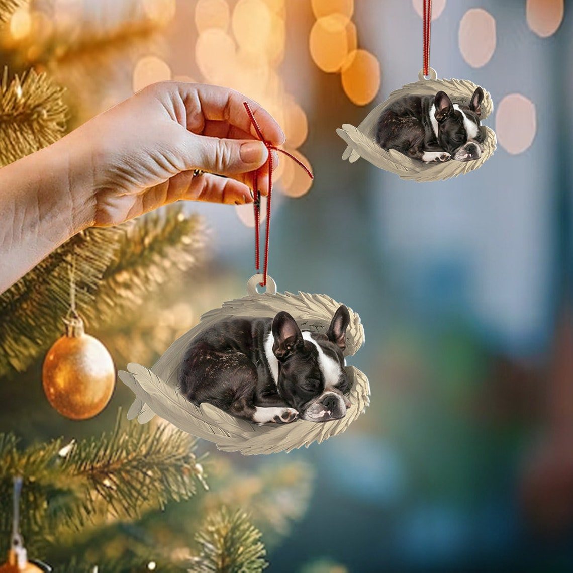 Boston Terrier Dog Angel Wings Ornament Gift, Cute Dog Sleeping Christmas Ornament Decor