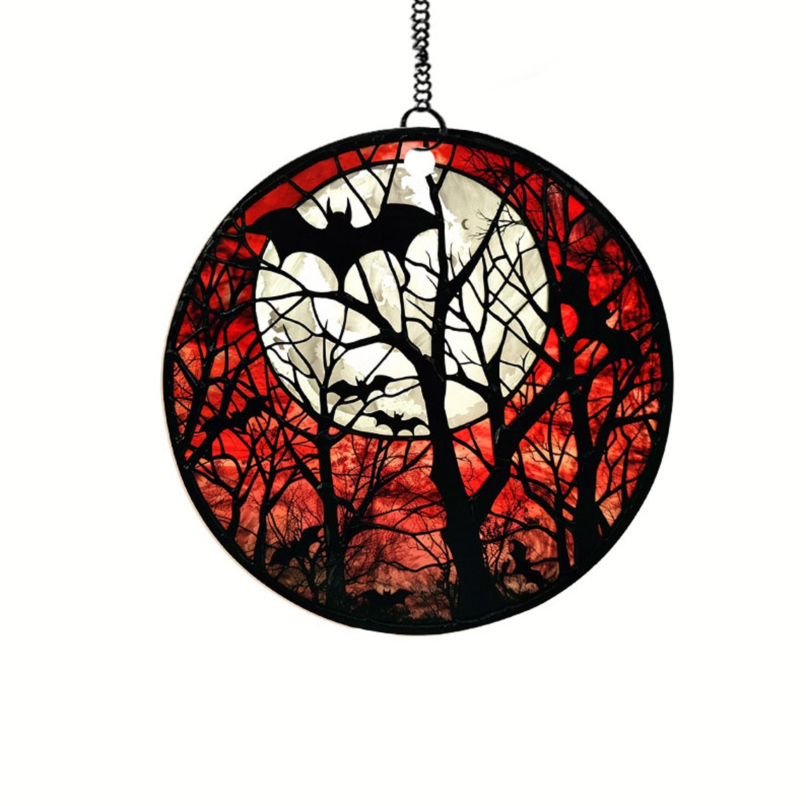 Red Sky With Bat And Moon Suncatcher, Halloween Window Hanging Ornament