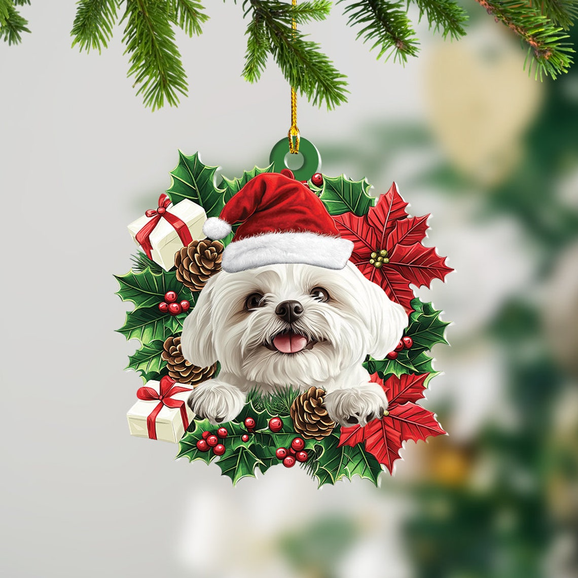 Shih Tzu Dog Christmas Wreath Ornament, Dog Car Christmas Ornament Decor Holiday Gift