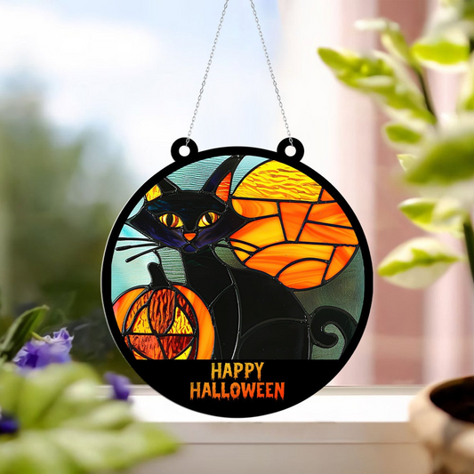 Halloween Black Cat and Pumpkin Suncatcher Ornament, Happy Halloween Cat Ornament Decor