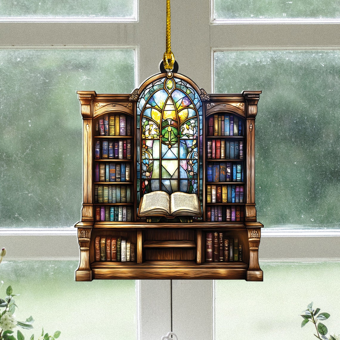 Library Hanging Suncatcher Ornament, Bookshelf Suncatcher Ornament