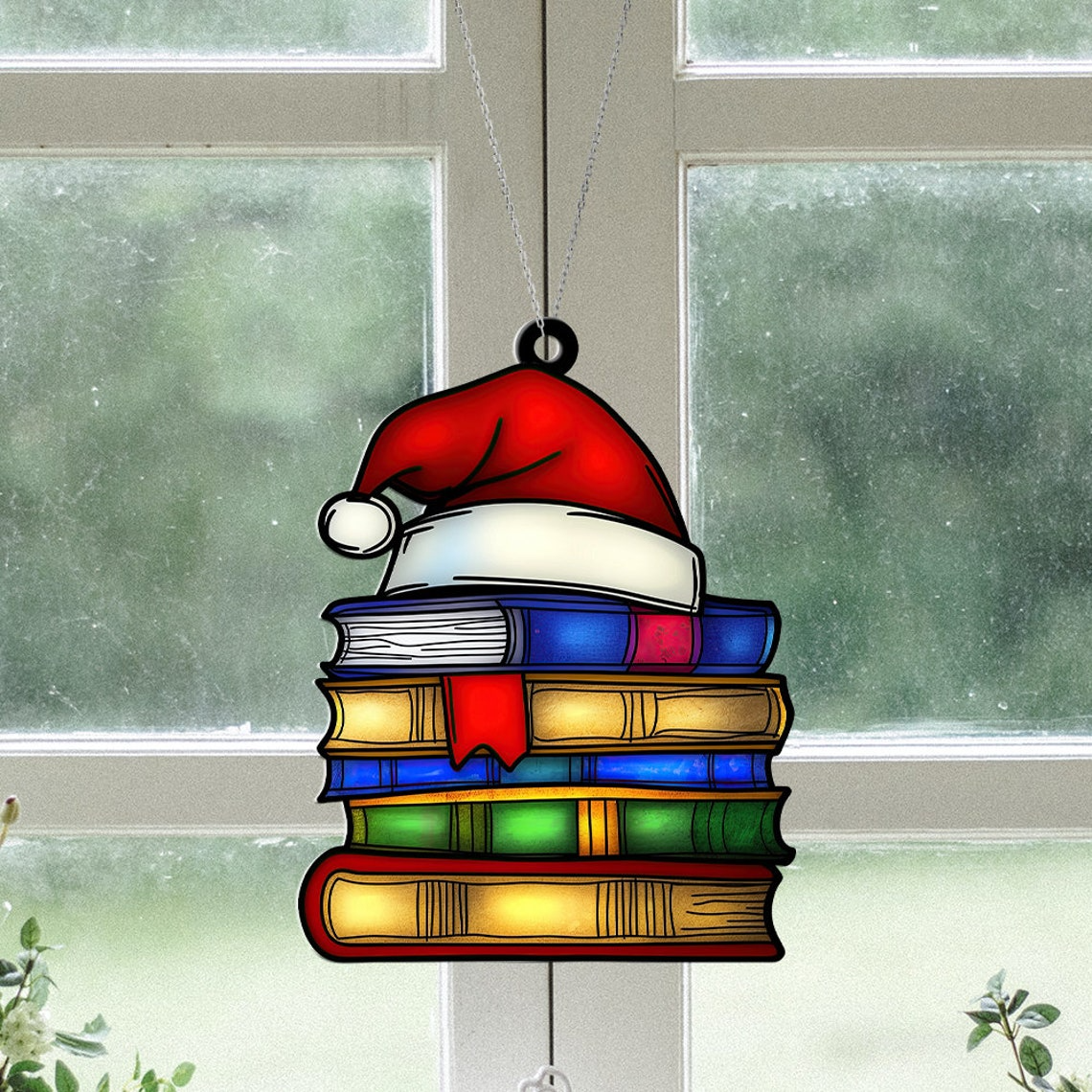 Books and Hat Santa Christmas Ornament, Reading Room Hanging Window Ornament