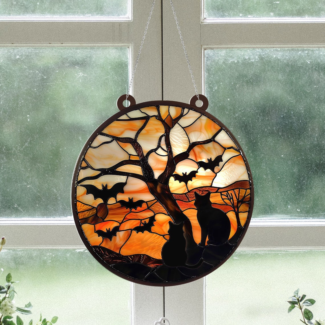 Cat Seeing Bat Halloween Night Suncatcher Ornament, Halloween Cat Pumpkin Ornament