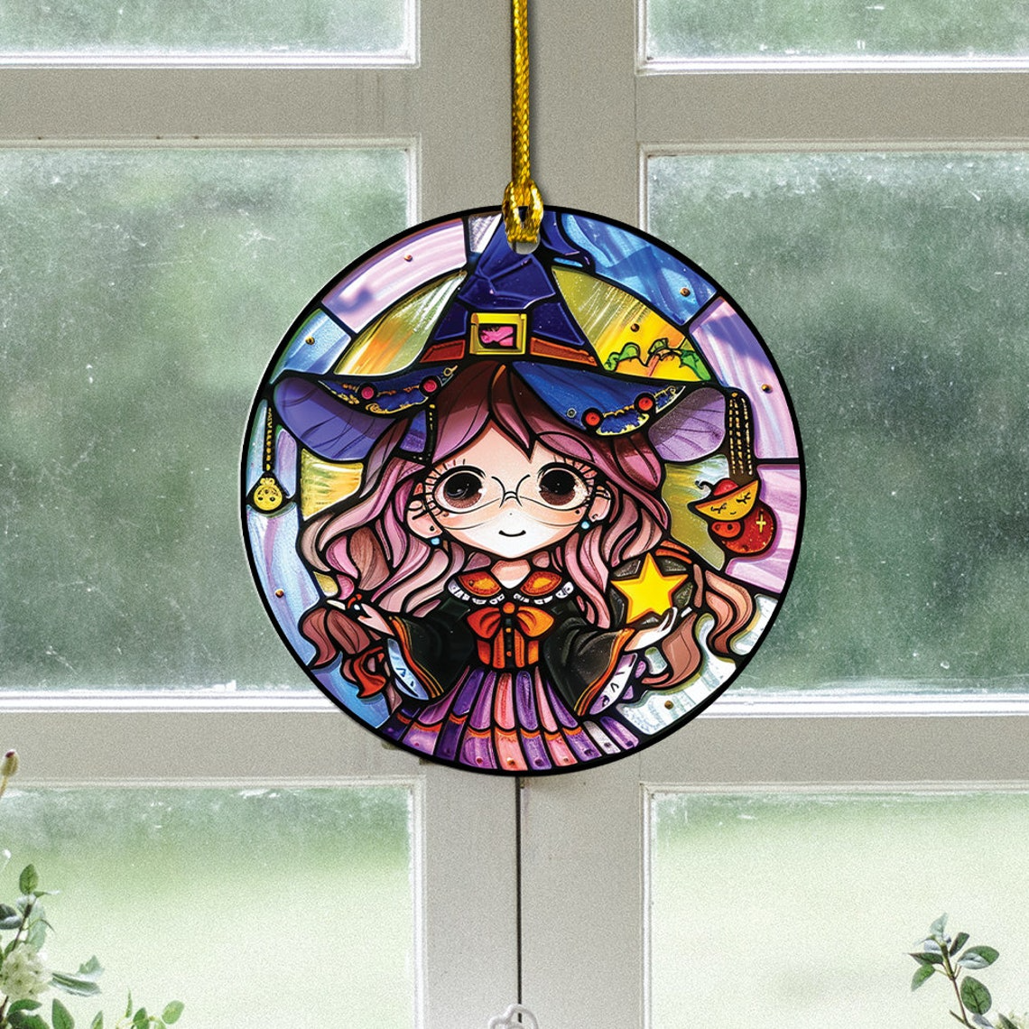 Cute Witch Girl Suncatcher Ornament, Halloween Cute Witch Home Decor Halloween Gift