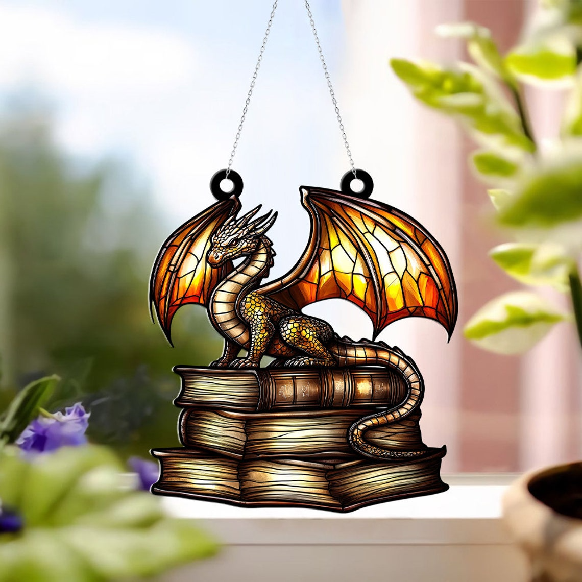 Book Dragon Suncatcher Ornament, Book Dragon Window Suncatcher Decor