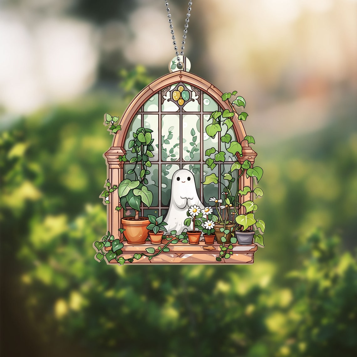 Ghost at Greenhouse Scene Suncatcher, Cute Ghost Window Hanging Decor