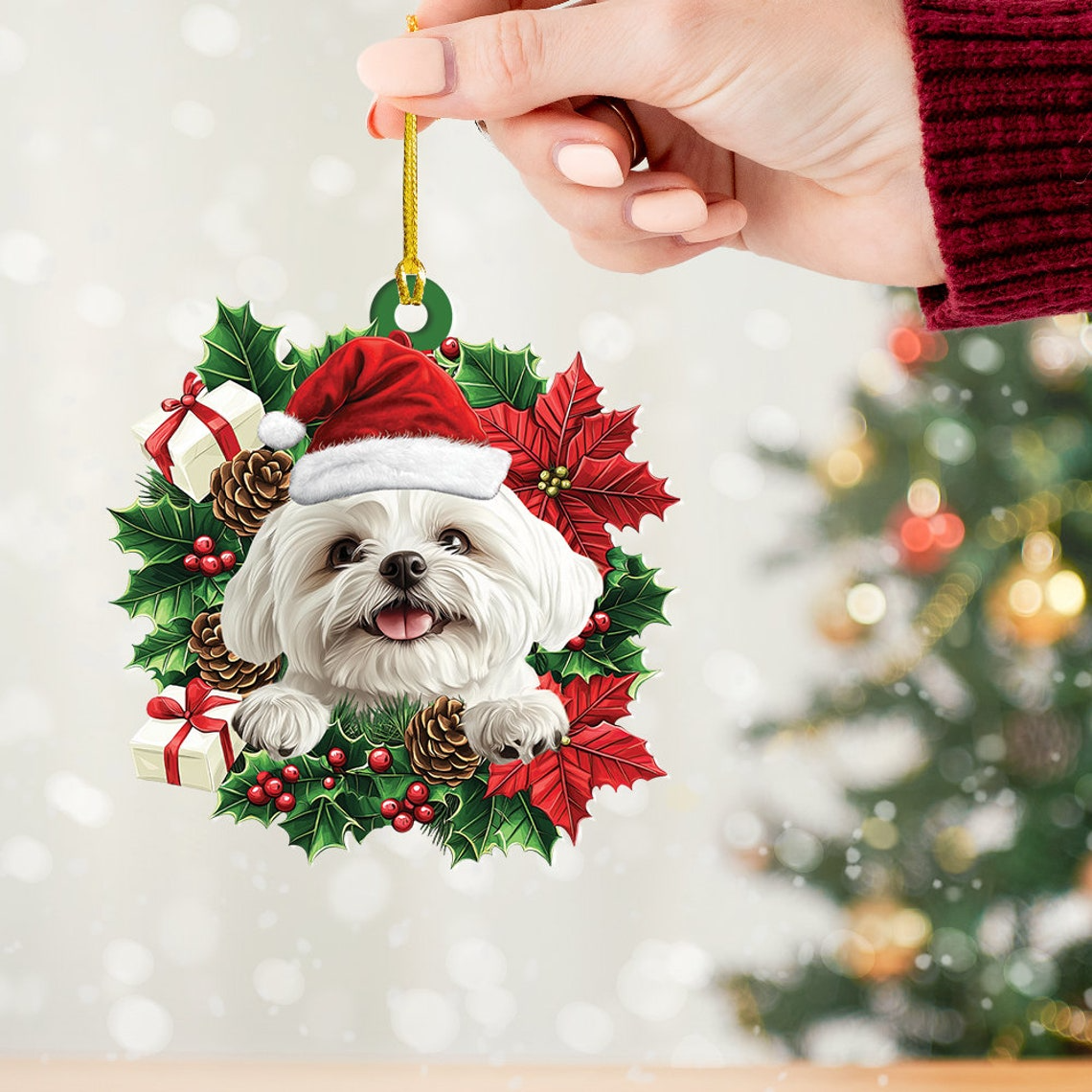 Shih Tzu Dog Christmas Wreath Ornament, Dog Car Christmas Ornament Decor Holiday Gift