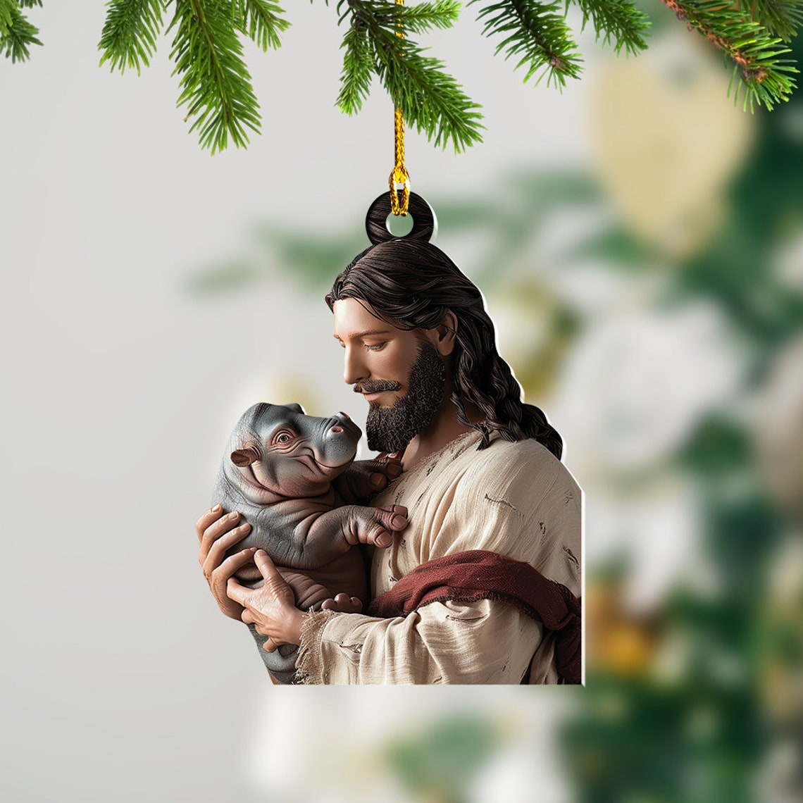 Classic Jesus Loves Hippo Christmas Ornament, Cute Hippo Christmas Ornament Decor Gift