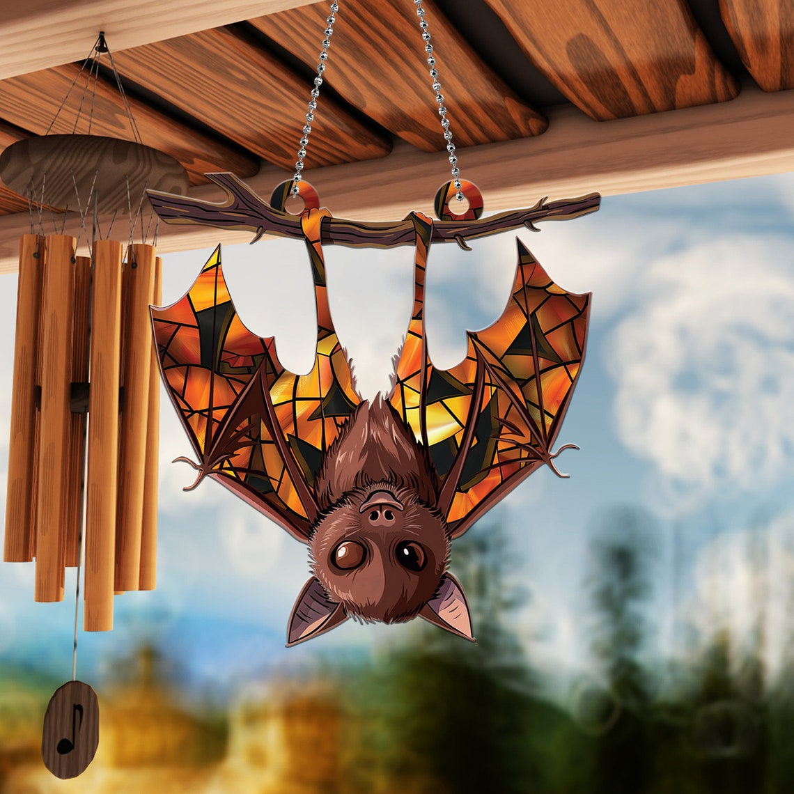 Halloween Upside Down Bat Hanging Suncatcher, Bat Hanging Ornament Suncatcher Decor