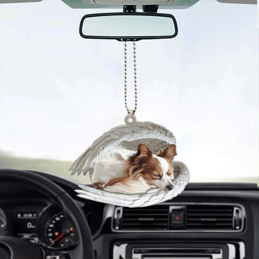 Papillon Dog Angel Wings Car Hanging Ornament, Cute Papillon Dog Sleeping Christmas Ornament