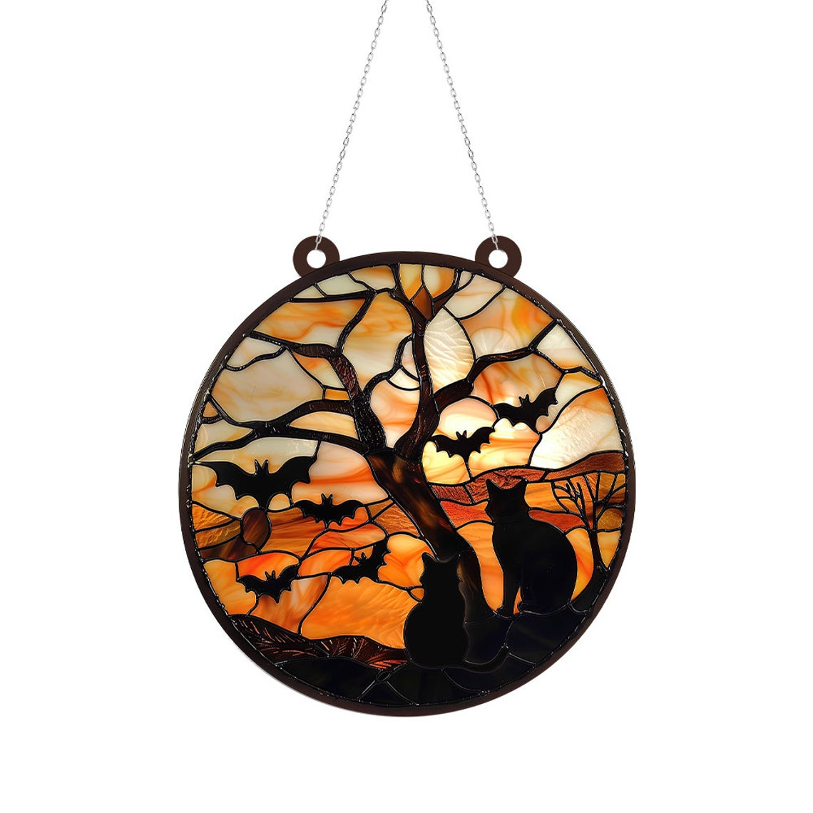 Cat Seeing Bat Halloween Night Suncatcher Ornament, Halloween Cat Pumpkin Ornament