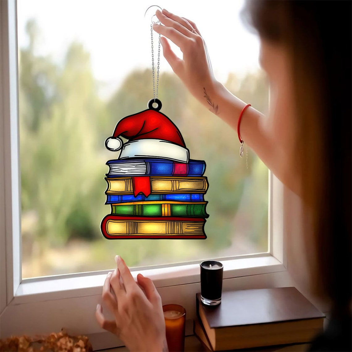 Books and Hat Santa Christmas Ornament, Reading Room Hanging Window Ornament