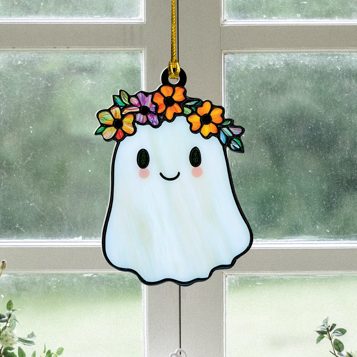 Cute Ghost Girly With Crown Halloween Suncatcher, Cute Ghost Hanging Decor Gift