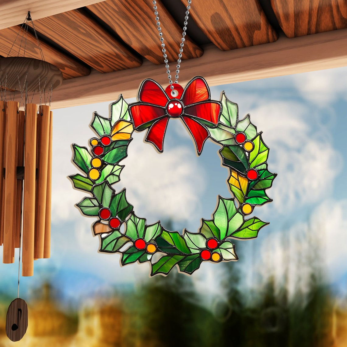 Christmas Wreath Suncatcher Ornament, Christmas Wreath Window Suncatcher Decor Gift