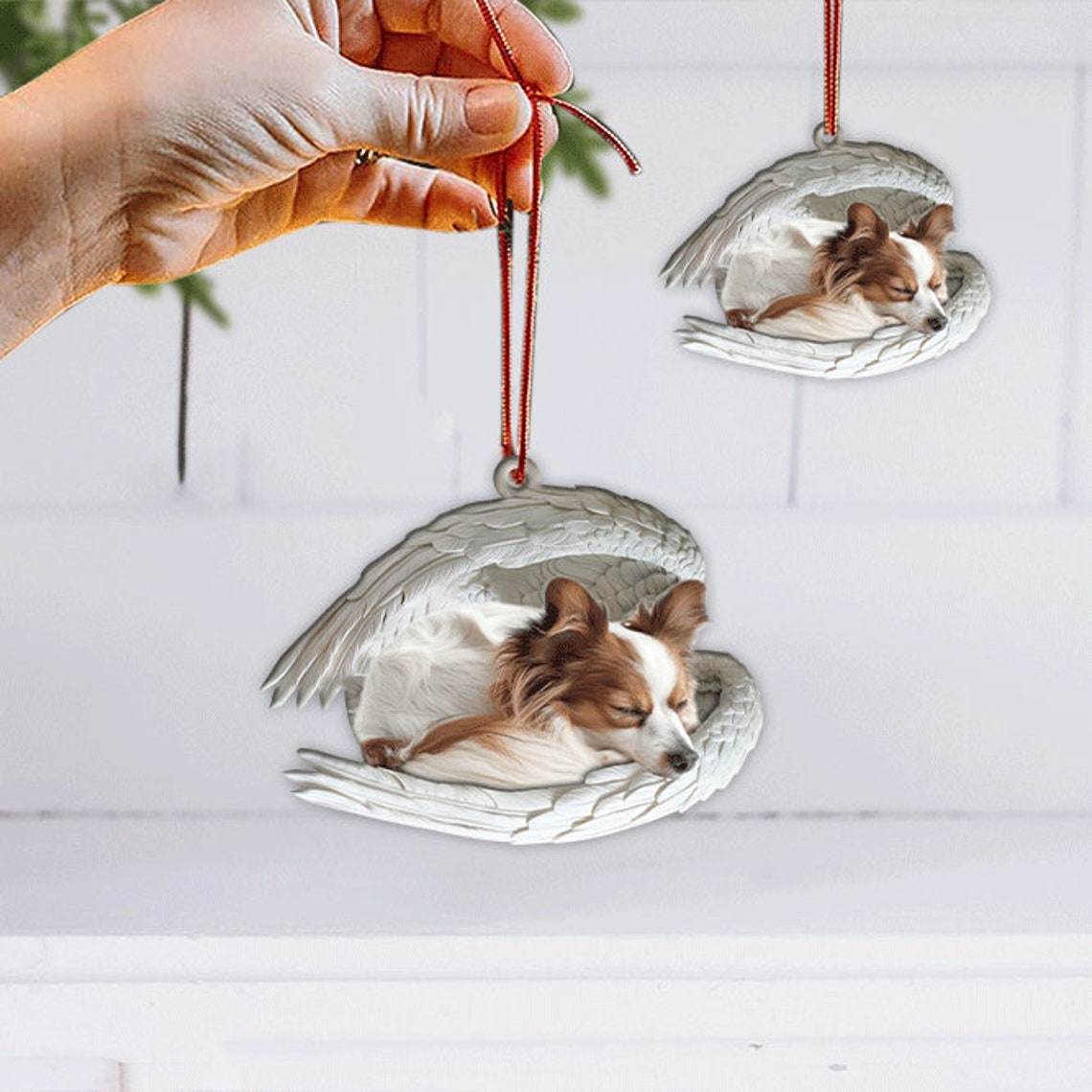 Papillon Dog Angel Wings Car Hanging Ornament, Cute Papillon Dog Sleeping Christmas Ornament