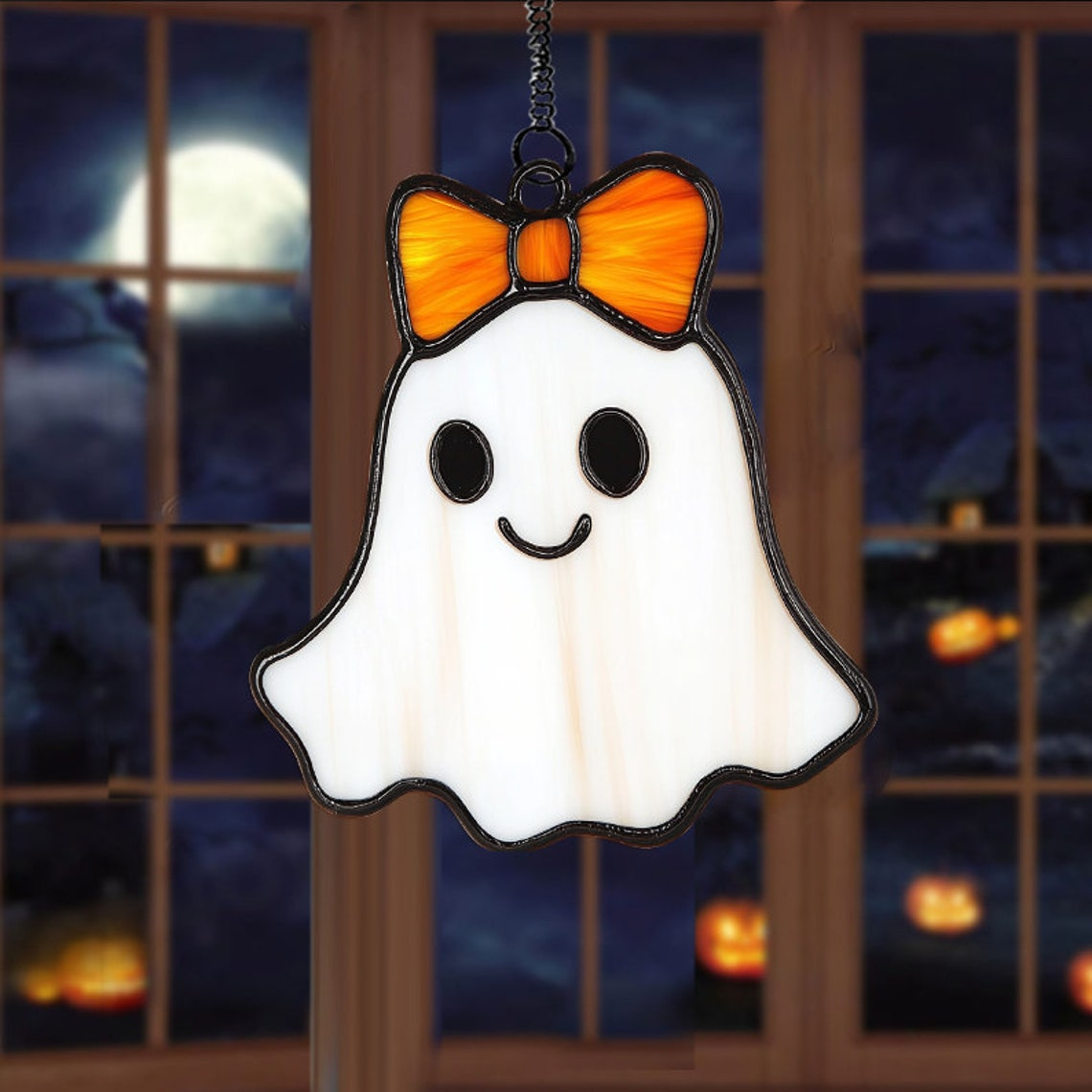 Cute Ghost Wearing Bow Halloween Suncatcher, Cute Ghost Hanging Ornament Home Decor