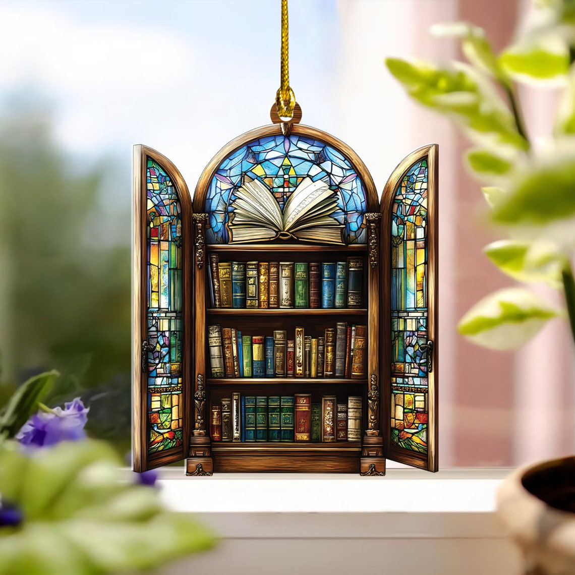 Bookstore Window Suncatcher Decor, Library Hanging Suncatcher Ornament