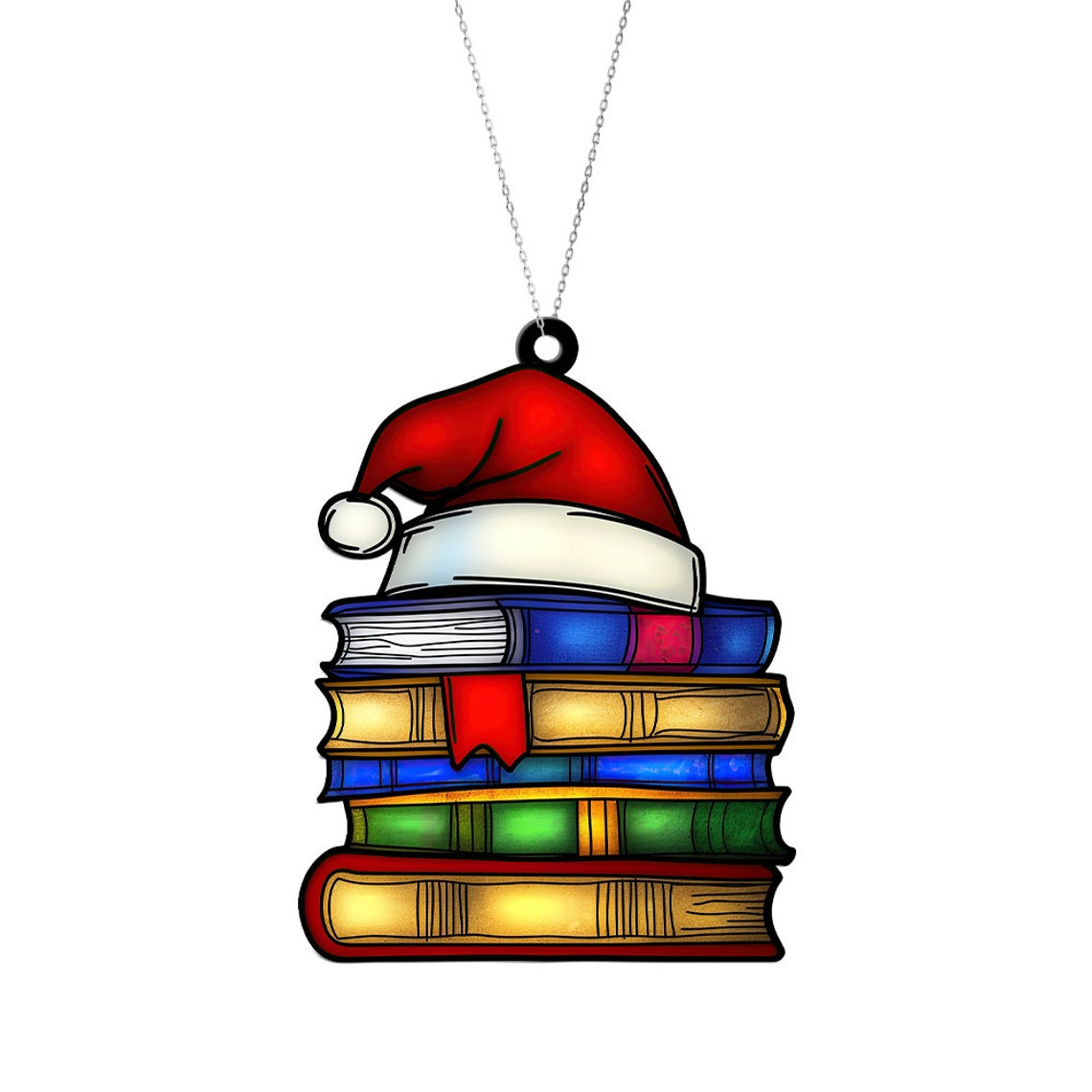 Books and Hat Santa Christmas Ornament, Reading Room Hanging Window Ornament