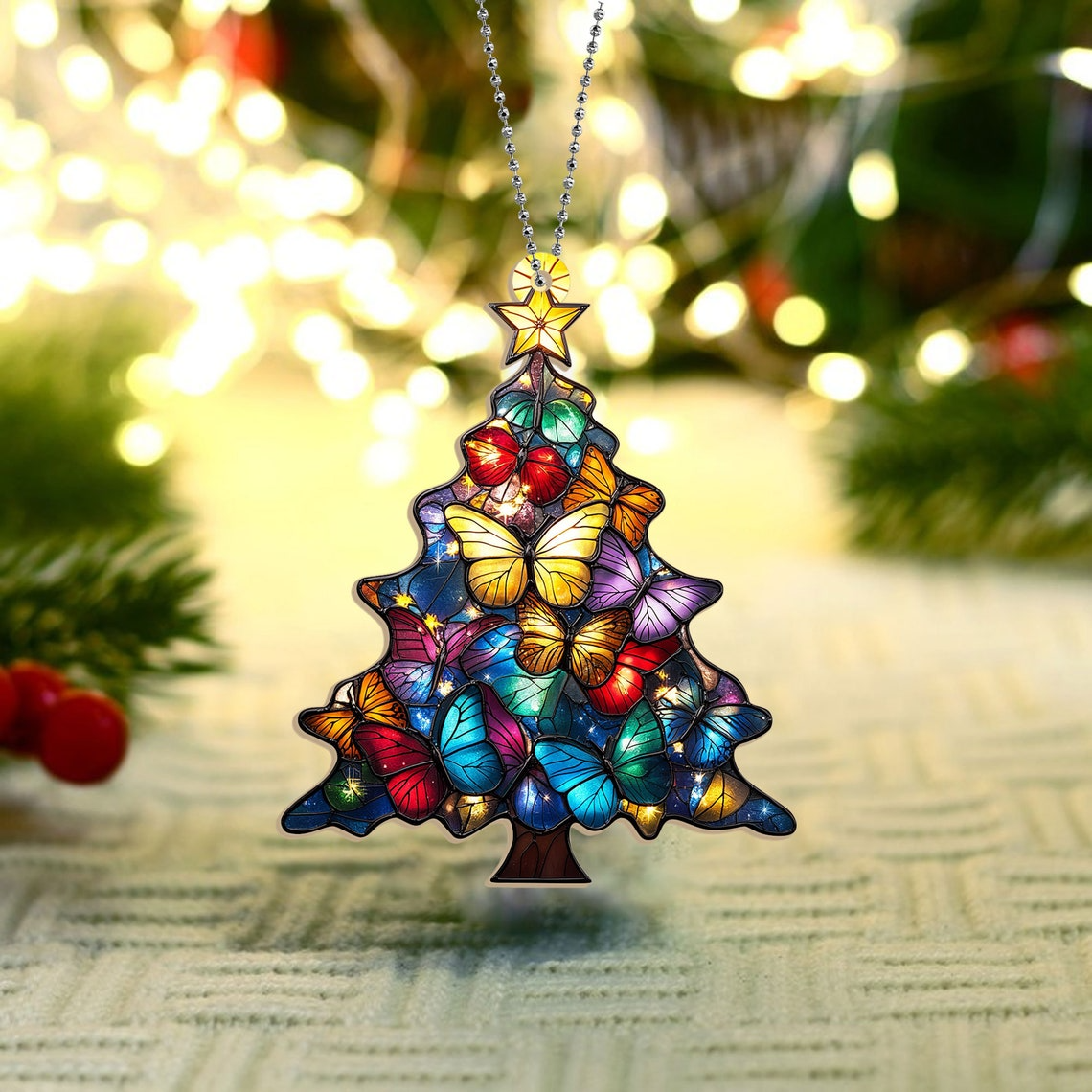 Christmas Butterflies Tree Suncatcher, Christmas Tree Ornament Home Decor Gift