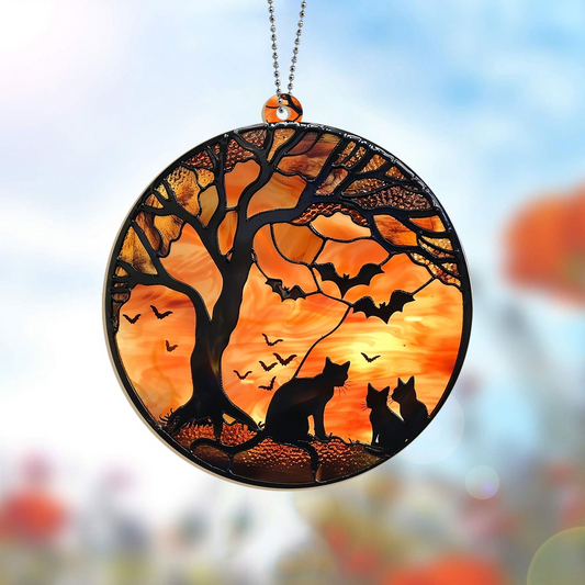 Cute Black Cats Below Tree Halloween Night Suncatcher, Halloween Black Cat Ornament Gift