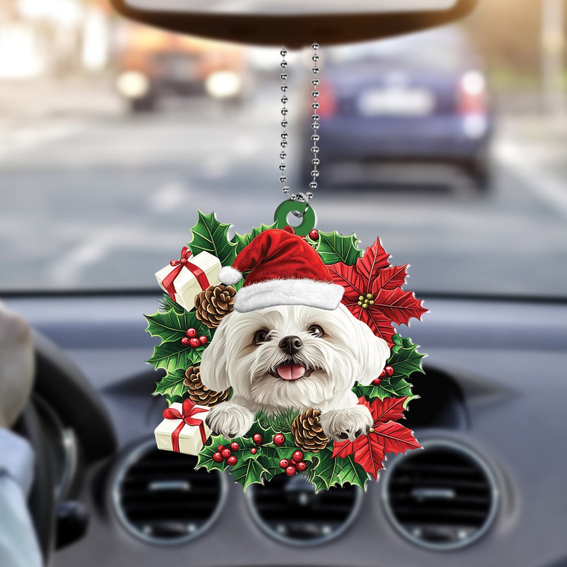 Shih Tzu Dog Christmas Wreath Ornament, Dog Car Christmas Ornament Decor Holiday Gift