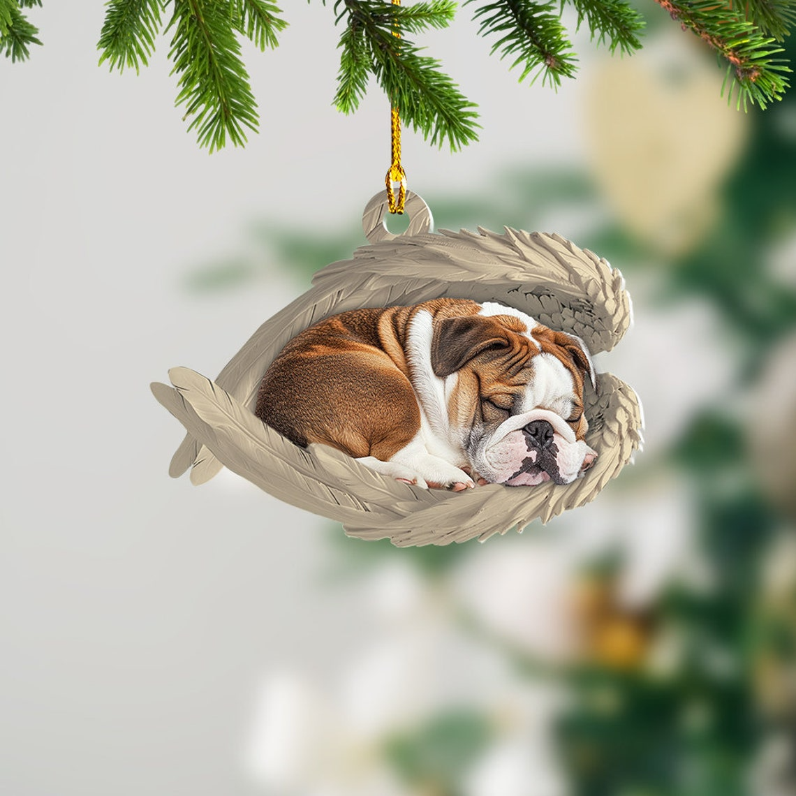 Bulldog Sleeping Angel Wings Christmas Ornament, English Bulldog Christmas Ornament Gift