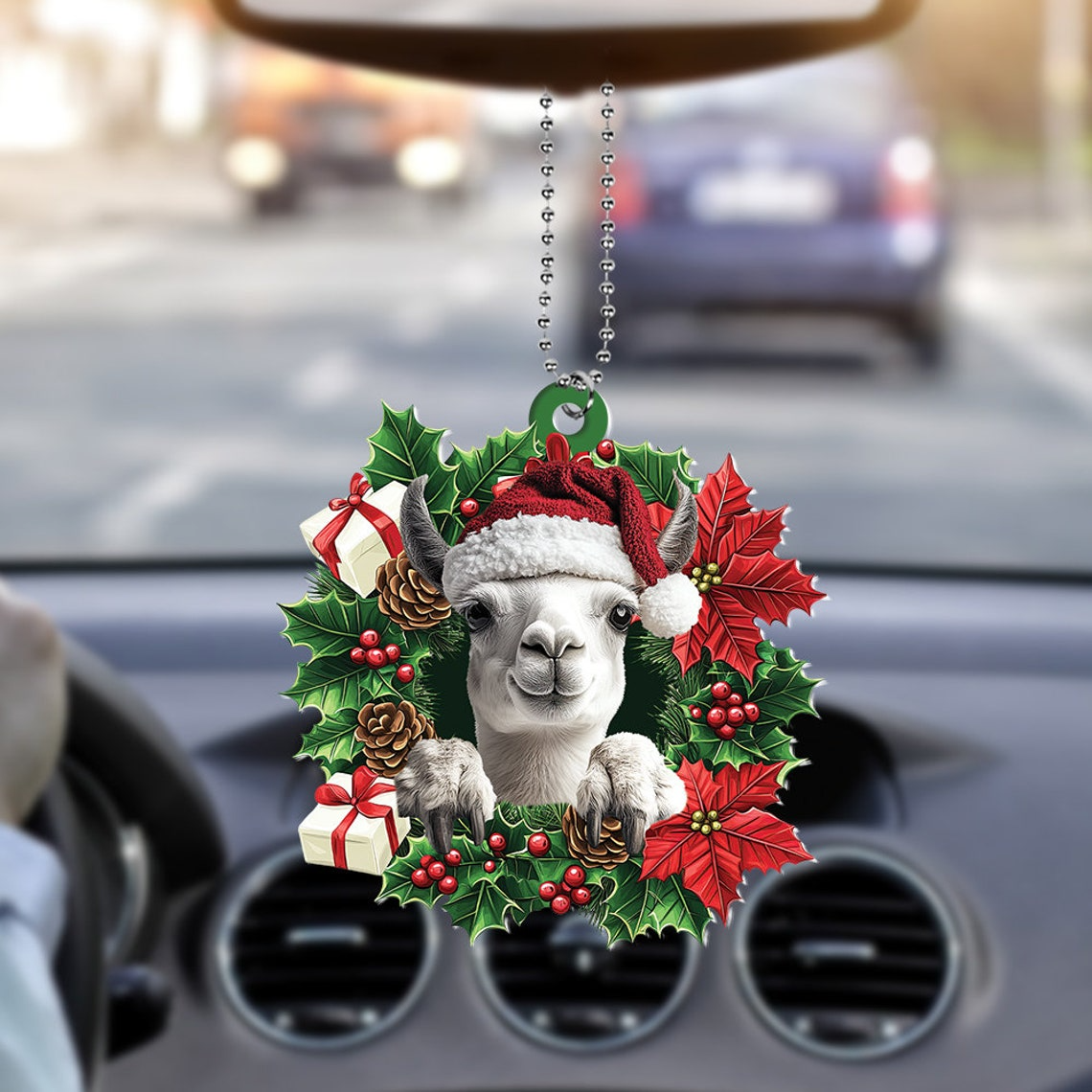 Llama Christmas Tree Wreath Ornament Gift, Llama Rearview Mirror Car Ornament Decor Lovers