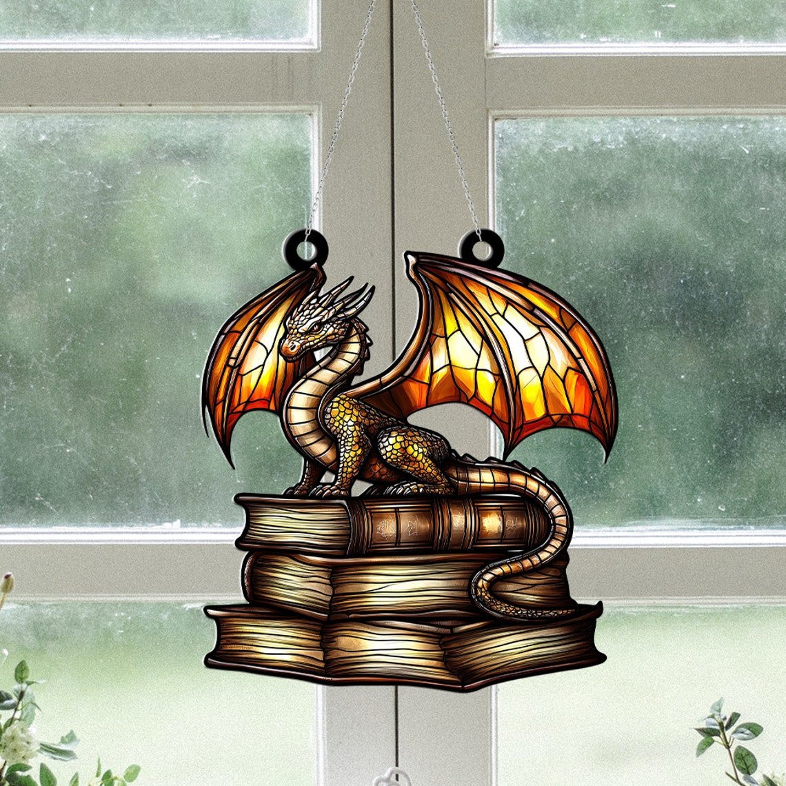 Book Dragon Suncatcher Ornament, Book Dragon Window Suncatcher Decor