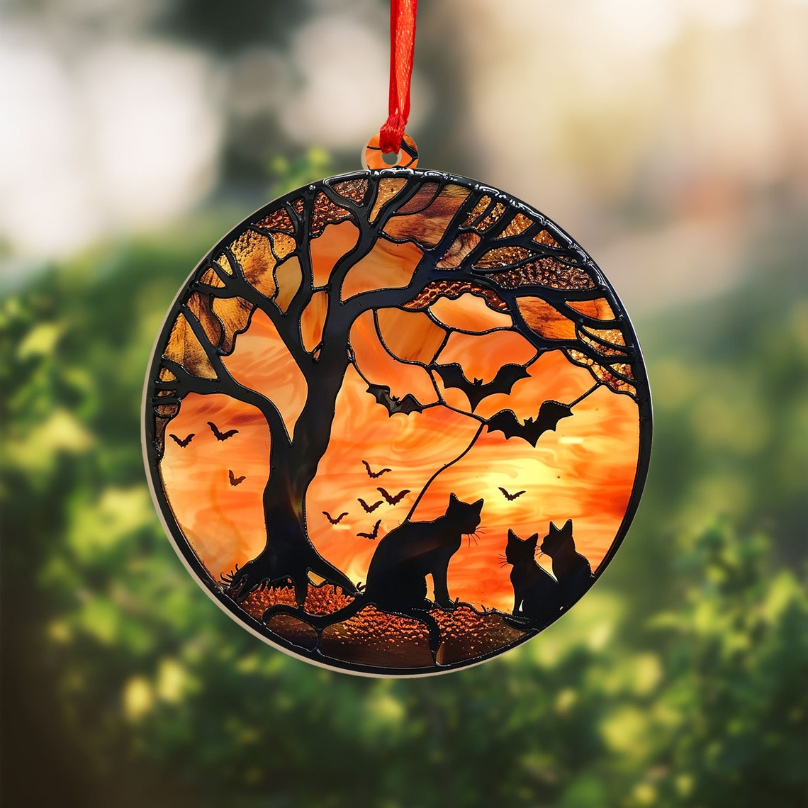 Cute Black Cats Below Tree Halloween Night Suncatcher, Halloween Black Cat Ornament Gift