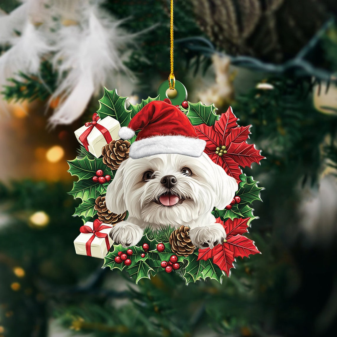 Shih Tzu Dog Christmas Wreath Ornament, Dog Car Christmas Ornament Decor Holiday Gift