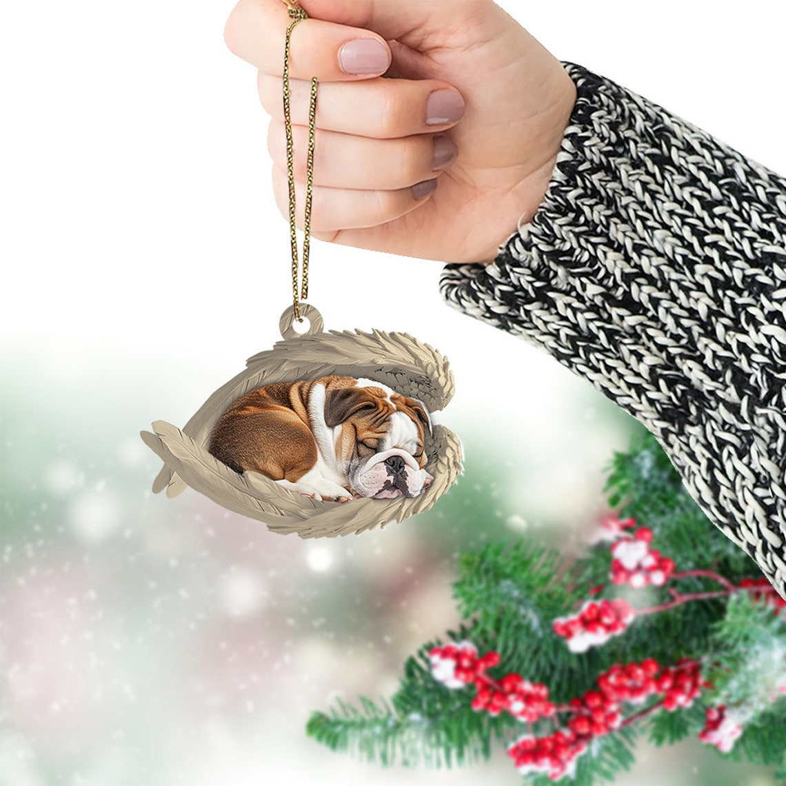 Bulldog Sleeping Angel Wings Christmas Ornament, English Bulldog Christmas Ornament Gift