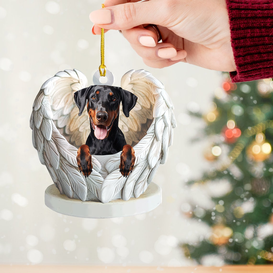 Doberman Pinscher Dog Angel Wings Ornament, Dog Car Hanging Christmas Ornament Decor Gift