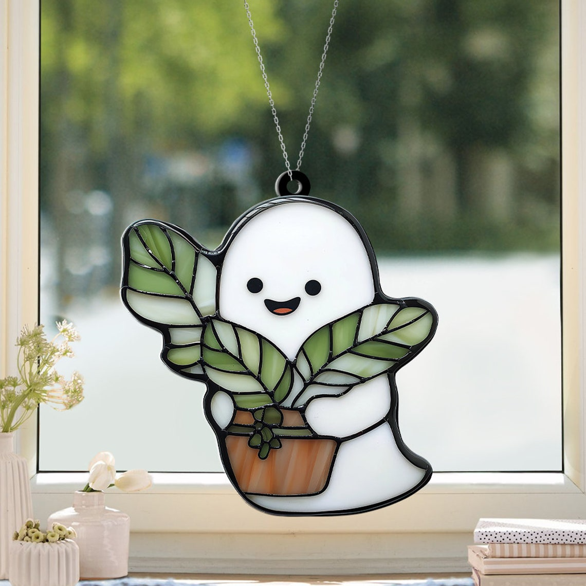 Ghost Baby Plant Window Suncatcher Ornament, Halloween Ghost Planter Ornament