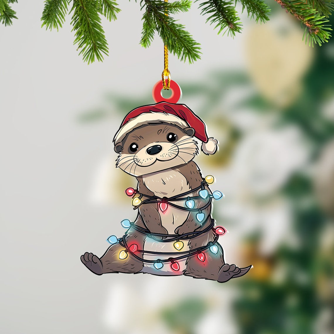 Cute Otter Hanging Christmas Lights Ornament, Christmas Otter Flat Car Hanging Ornament Gift