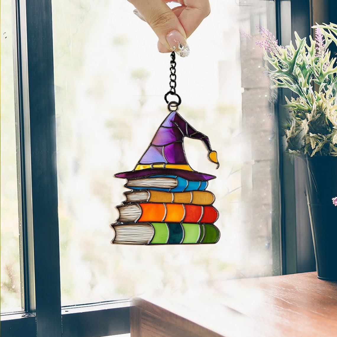 Wizard Hat Bookish Halloween Suncatcher, Halloween Witchy Hat on the Books Decor Gift