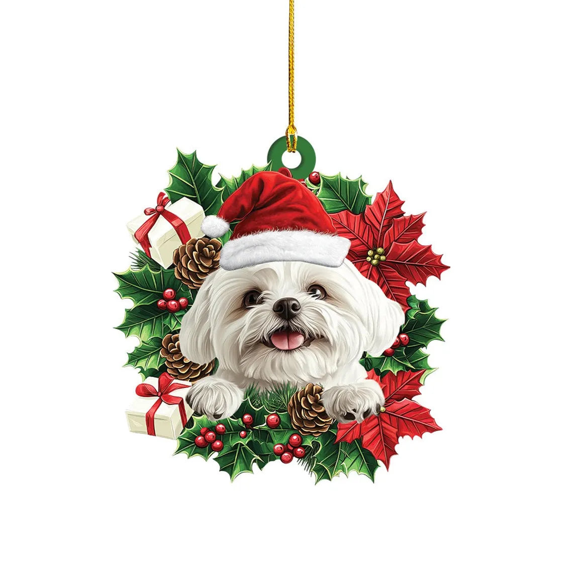 Shih Tzu Dog Christmas Wreath Ornament, Dog Car Christmas Ornament Decor Holiday Gift