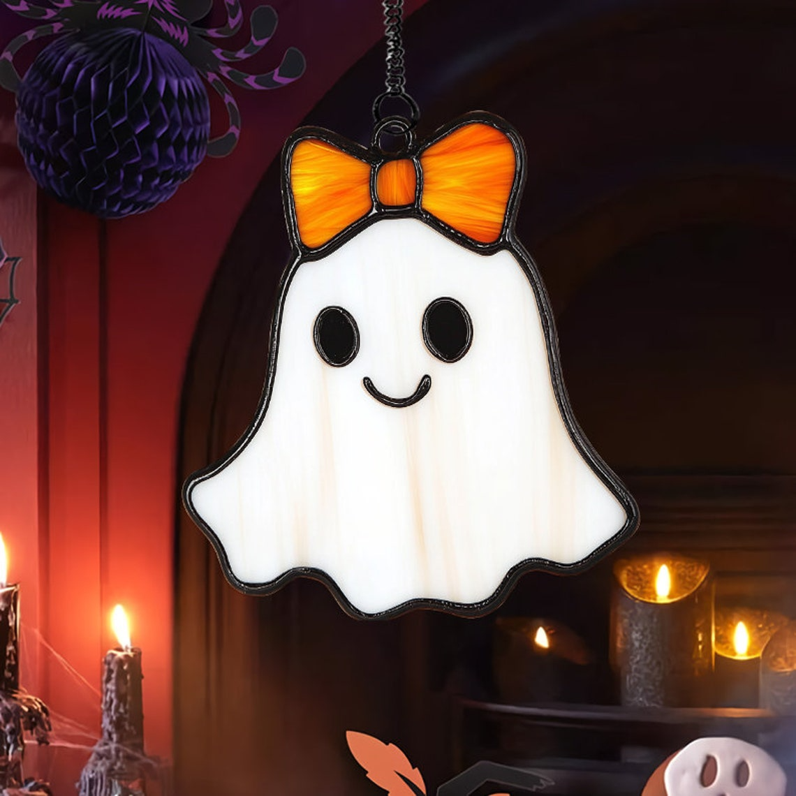 Cute Ghost Wearing Bow Halloween Suncatcher, Cute Ghost Hanging Ornament Home Decor