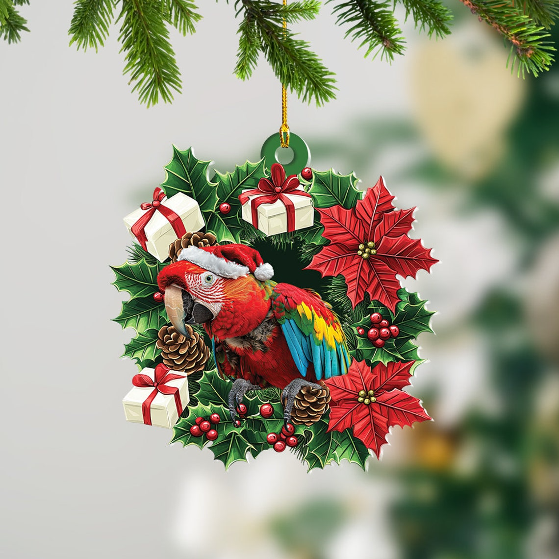 Cute Macaw Christmas Wreath Ornament, Macaw Christmas Tree Hanging Decor Ornament