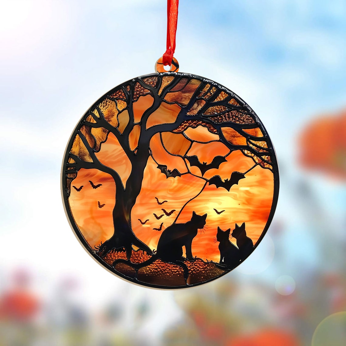 Cute Black Cats Below Tree Halloween Night Suncatcher, Halloween Black Cat Ornament Gift