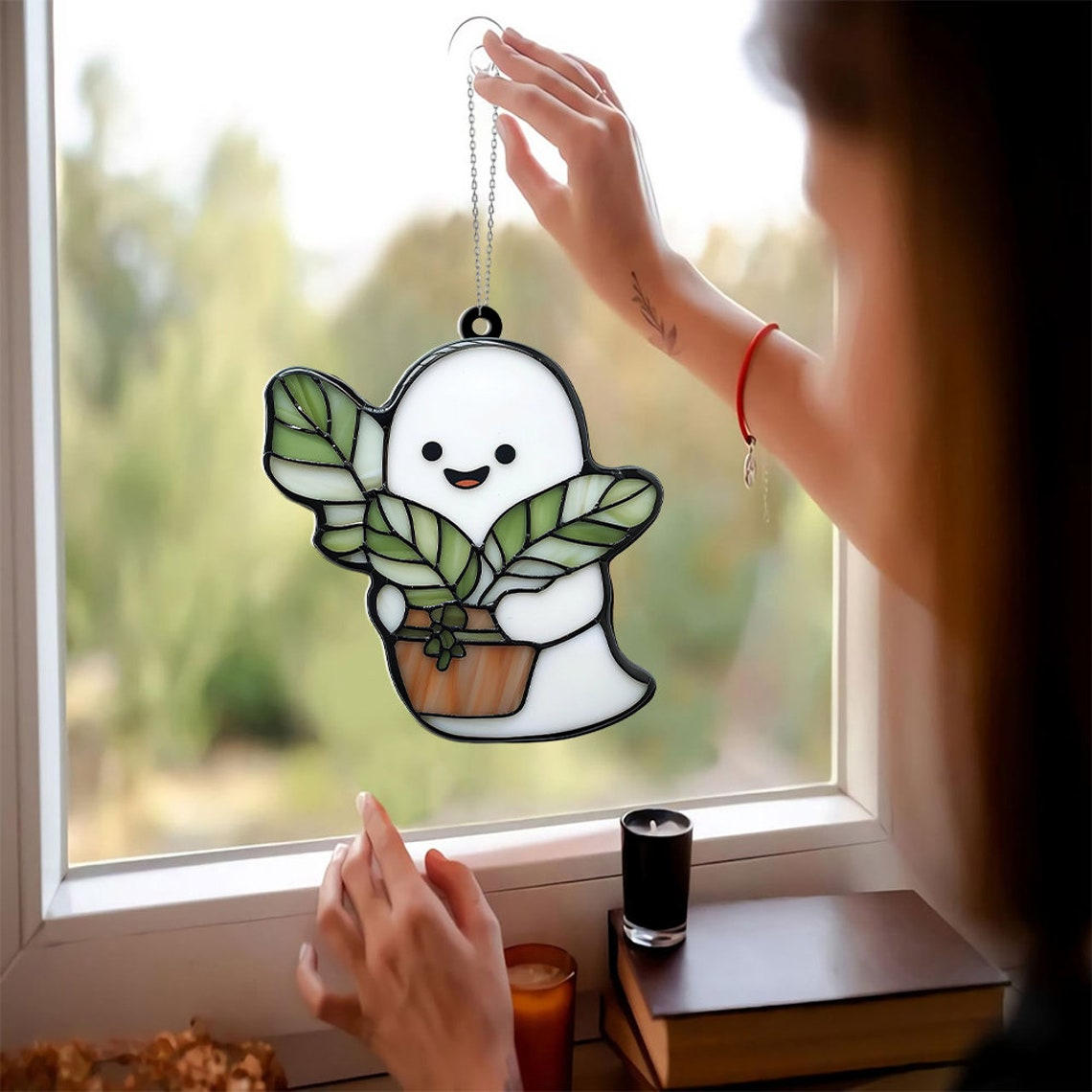 Ghost Baby Plant Window Suncatcher Ornament, Halloween Ghost Planter Ornament