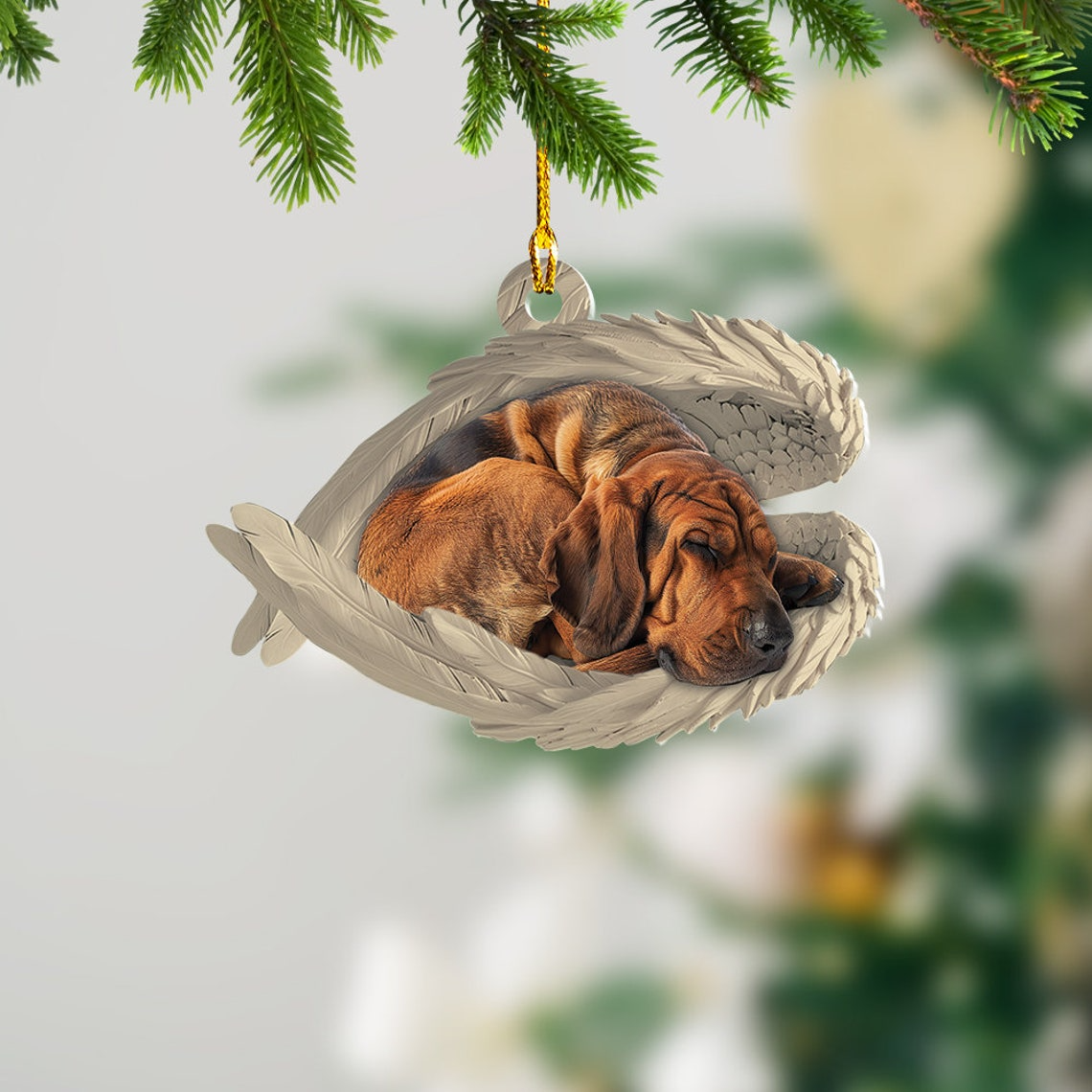 Bloodhound Dog Angel Wings Christmas Ornament, Cute Dog Sleeping Christmas Ornament Decor