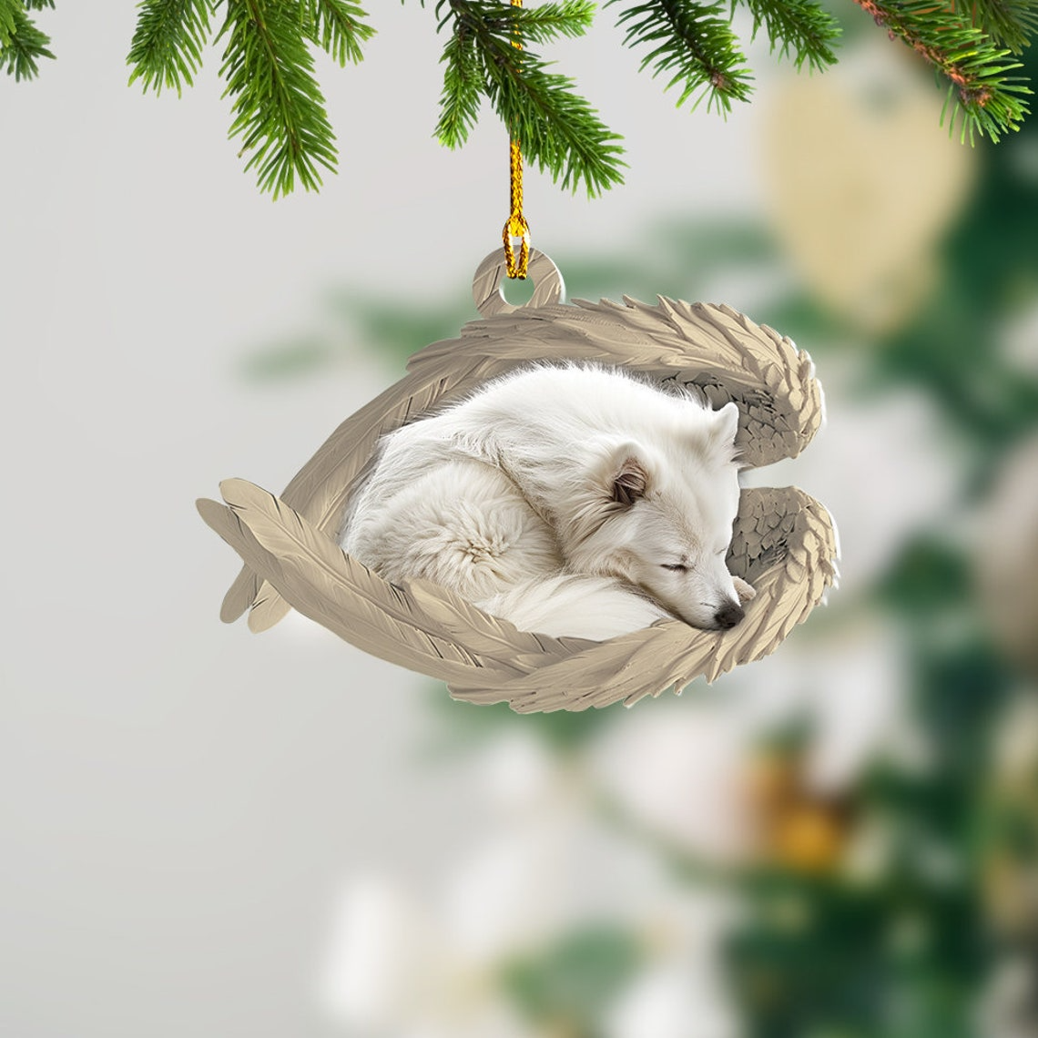 American Eskimo Dog Sleeping Angel Wings Ornament, Cute Eskimo Dog Hanging Christmas Gift