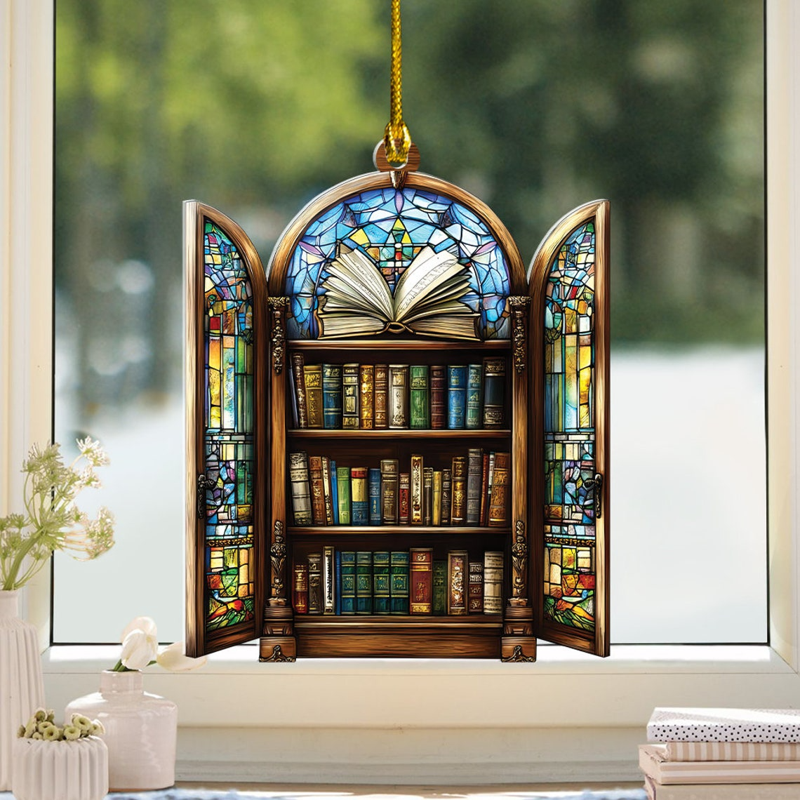 Bookstore Window Suncatcher Decor, Library Hanging Suncatcher Ornament