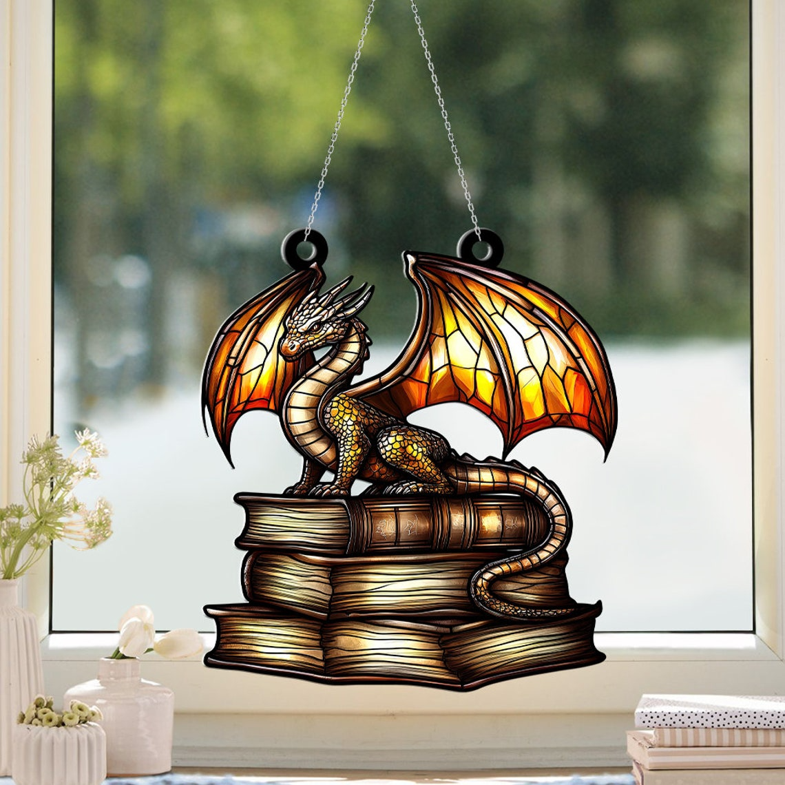 Book Dragon Suncatcher Ornament, Book Dragon Window Suncatcher Decor