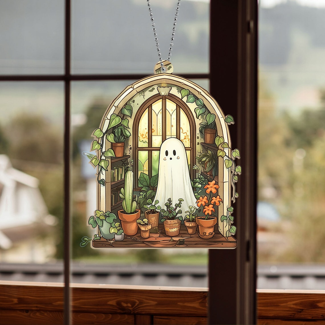 Ghost at Greenhouse Looking Tree Suncatcher, Cute Ghost Suncatcher Decor Home